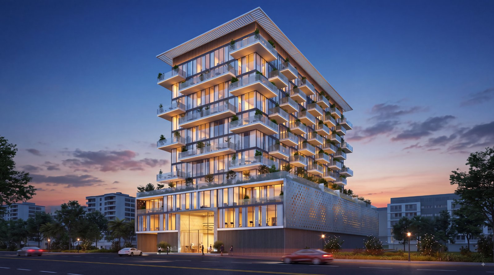 Dubai Island - facade render at dusk with terraces and linear lighting