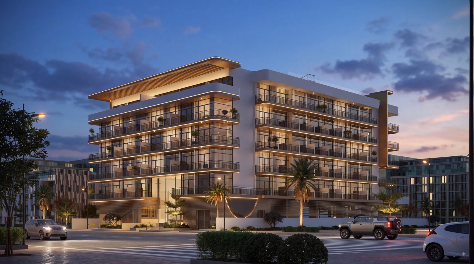 Elevia Residences II, Warsan 4, Dubai - night view of the facade with continuous linear lighting
