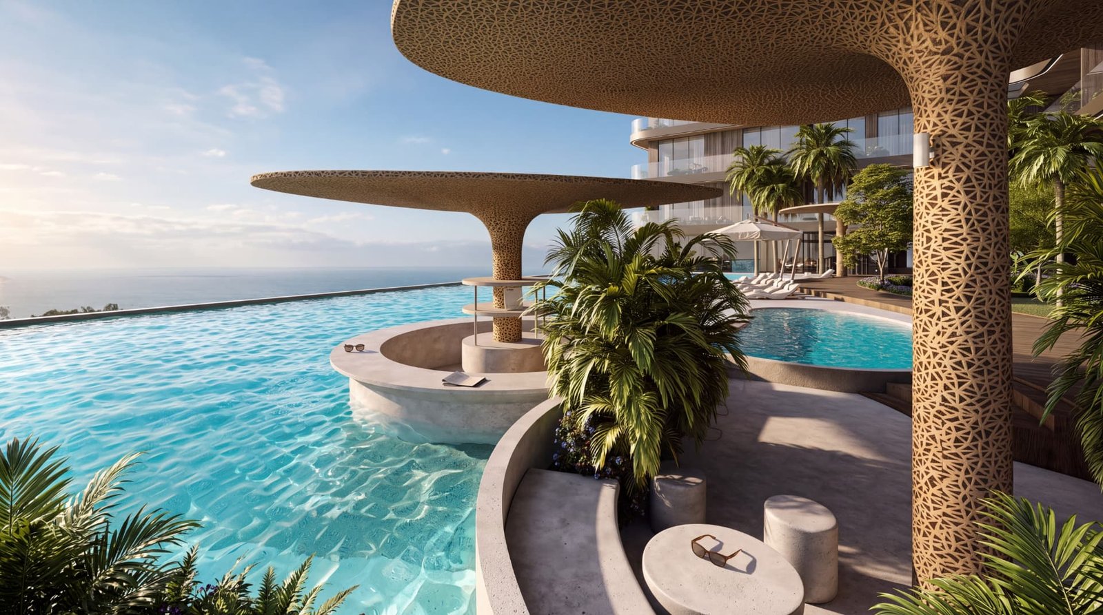 Infinity pool terrace with sculptural shade canopies