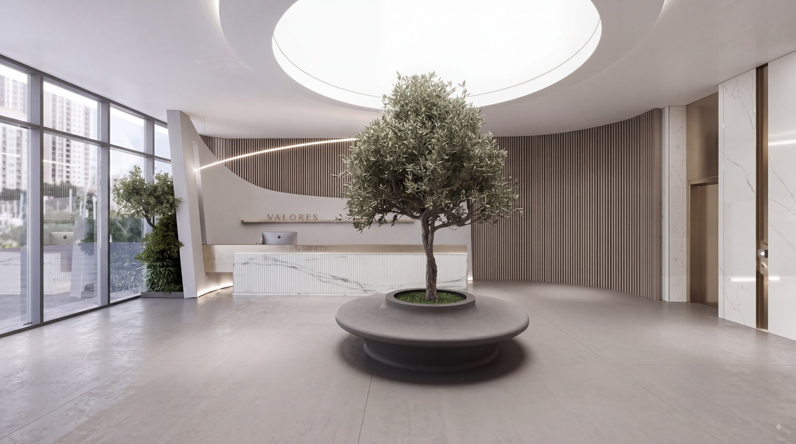Valores reception lobby with refined finishes and warm lighting